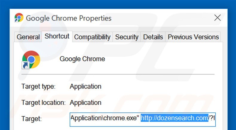 Removendo dozensearch.com do atalho do Google Chrome passo 2