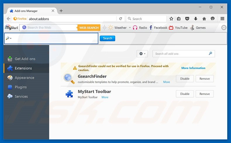 Removendo as extensões relacionadas a dozensearch.com do Mozilla Firefox