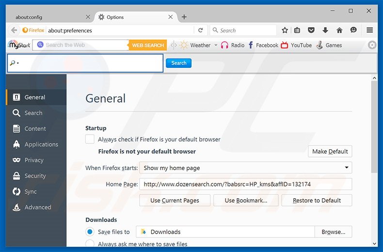 Removendo a página inicial dozensearch.com do Mozilla Firefox