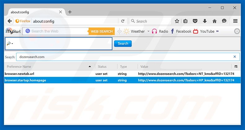 Removendo a página inicial dozensearch.com e motor de busca padrão do Mozilla Firefox