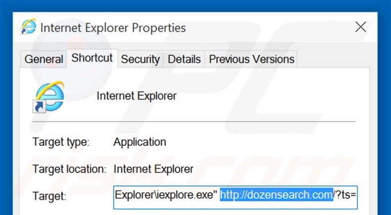 Removendo dozensearch.com do atalho do Internet Explorer passo 2
