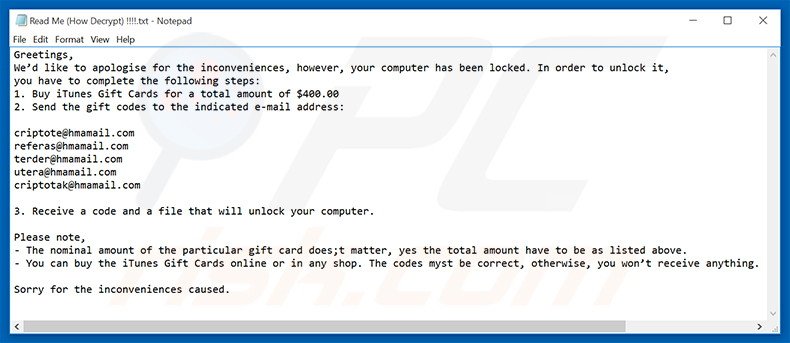 Ficheiro de texto ransomware ENCRYPTED