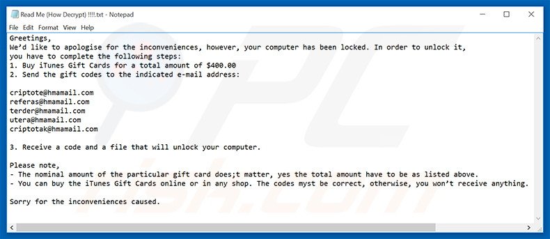 Ficheiro de texto ransomware ENCRYPTED