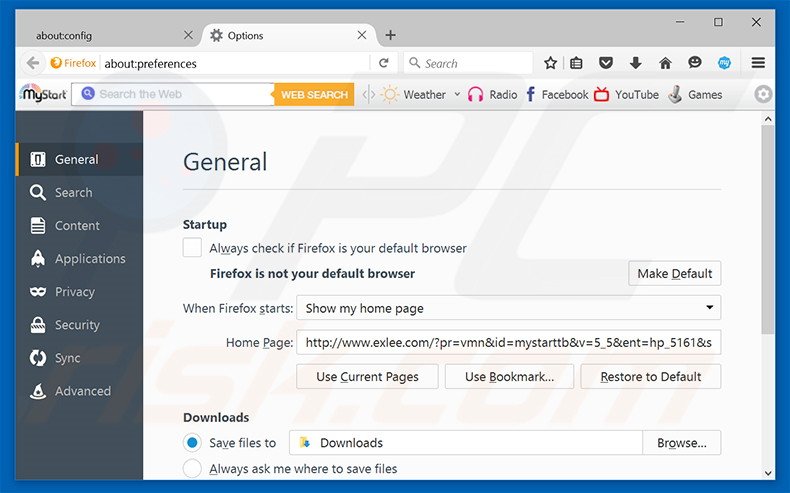 Removendo a página inicial exlee.com do Mozilla Firefox