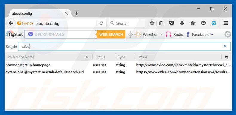 Removendo a página inicial exlee.com e motor de busca padrão do Mozilla Firefox