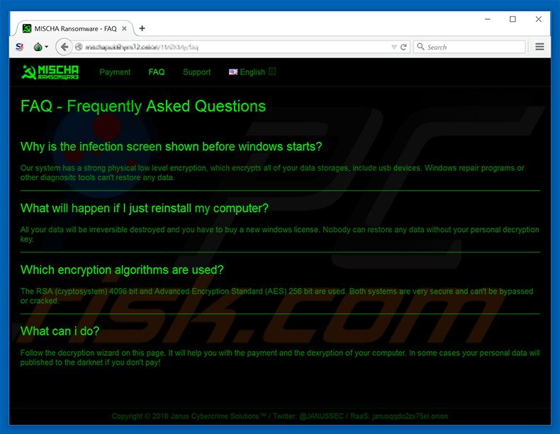 FAQ web do ransomware MISCHA