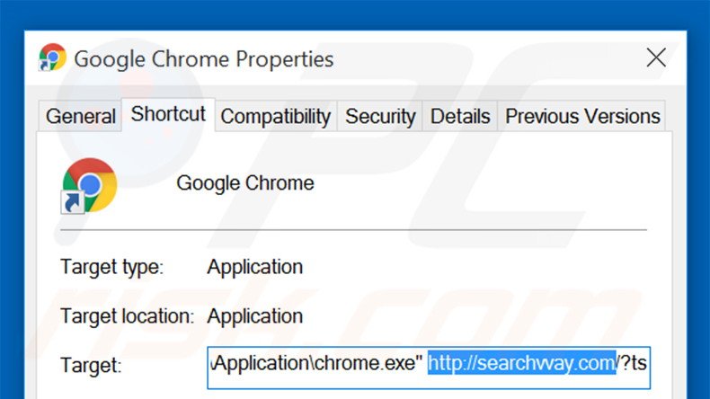 Removendo searchvvay.com do atalho do Google Chrome passo 1