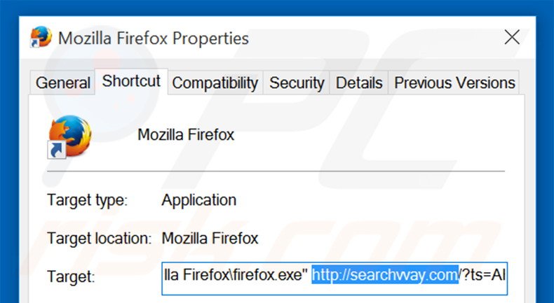 Removendo searchvvay.com do atalho do Mozilla Firefox passo 2