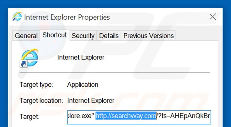 Removendo searchvvay.com do atalho do Internet Explorer passo 2