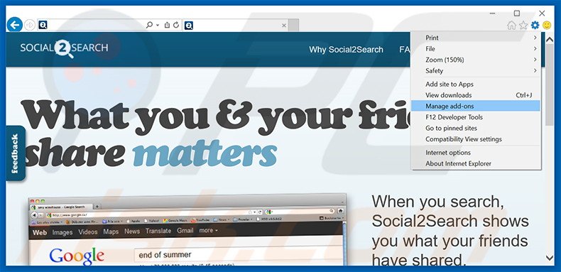 Removendo os anúncios Social2Search do Internet Explorer passo 1