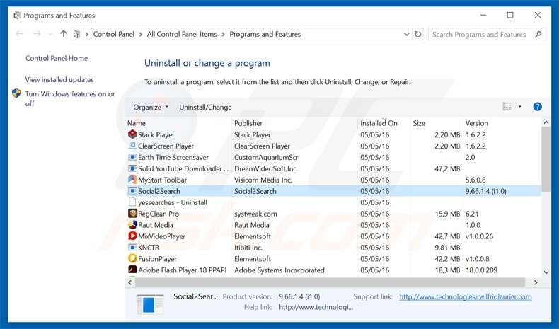 desinstalar o adware Social2Search via Painel de Controlo