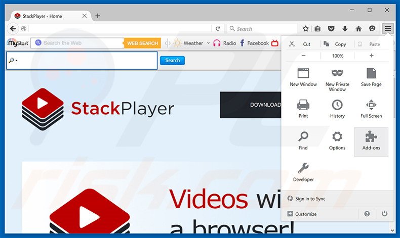 Removendo os anúncios Stack Player do Mozilla Firefox passo 1