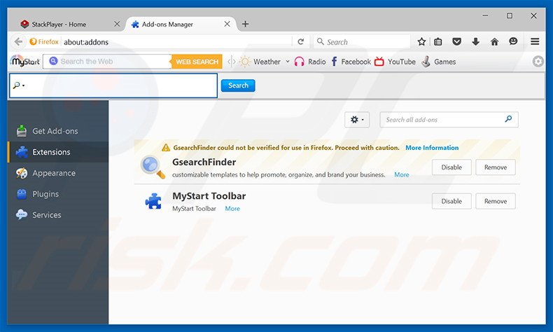 Removendo os anúncios Stack Player do Mozilla Firefox passo 2