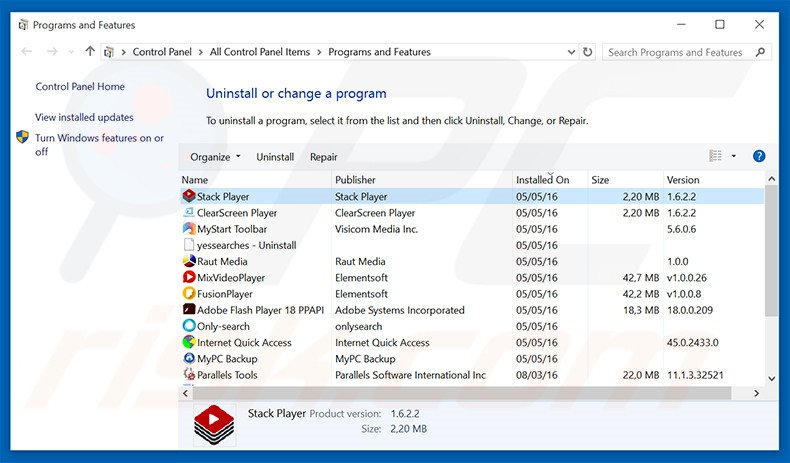 desinstalar o adware Stack Player via Painel de Controlo