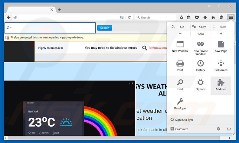 Removendo os anúncios SysWeatherAlert do Mozilla Firefox passo 1