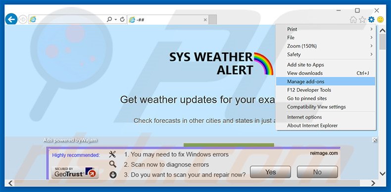 Removendo os anúncios SysWeatherAlert do Internet Explorer passo 1