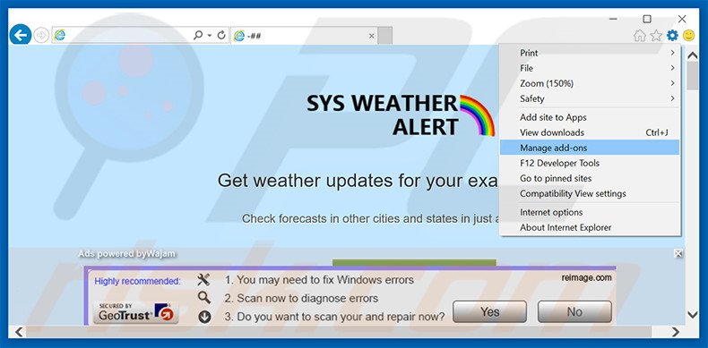 Removendo os anúncios SysWeatherAlert do Internet Explorer passo 1