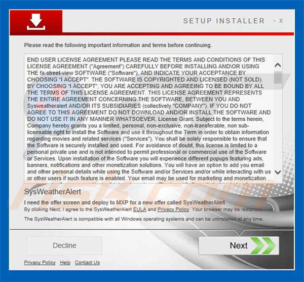 Configuração de instalação a distribuir SysWeatherAlert