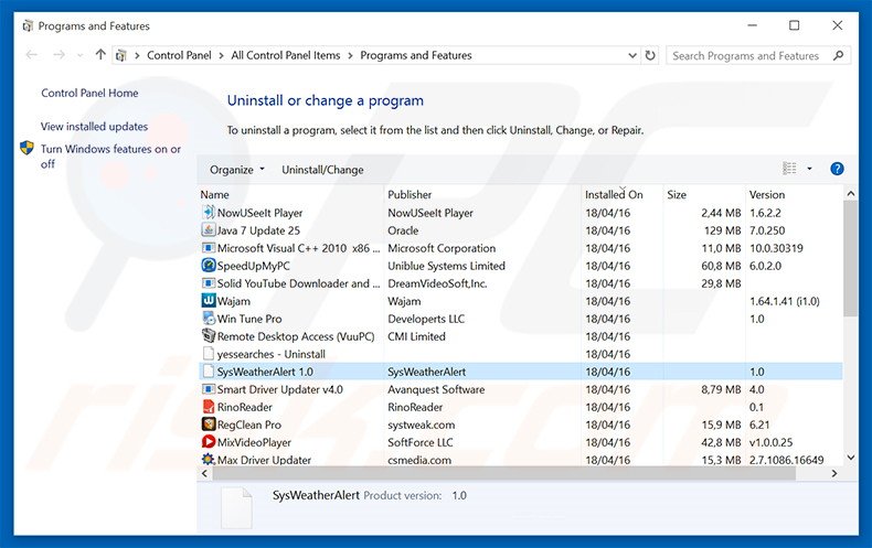 desinstalar o adware SysWeatherAlert via Painel de Controlo