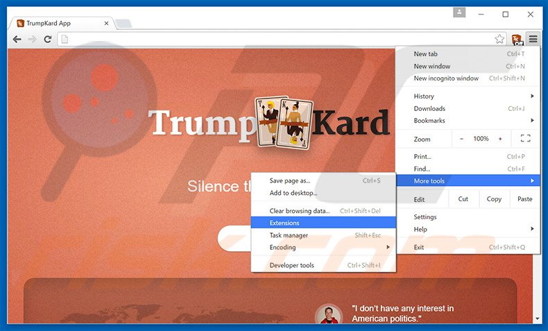 Removendo os anúncios TrumpKard do Google Chrome passo 1