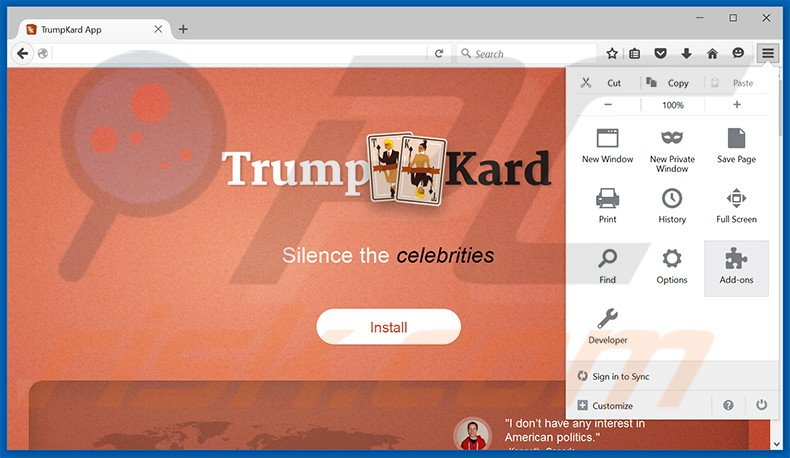 Removendo os anúncios TrumpKard do Mozilla Firefox passo 1