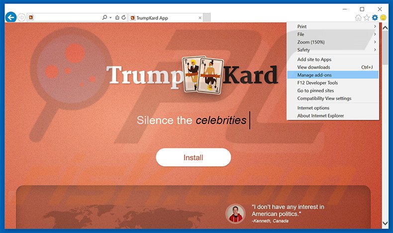 Removendo os anúncios TrumpKard do Internet Explorer passo 1
