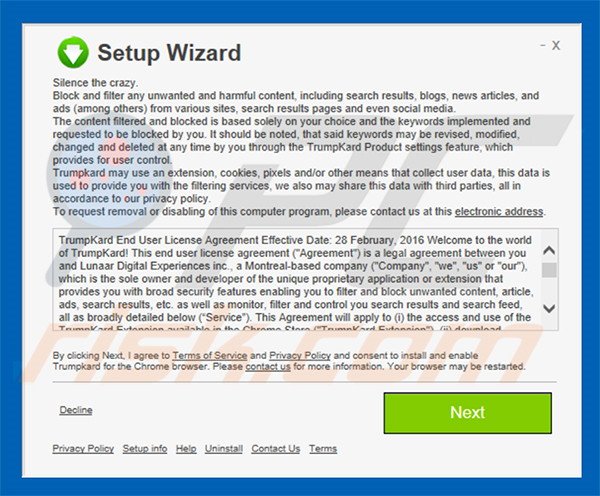 Instalador usado na distribuição do adware TrumpKard