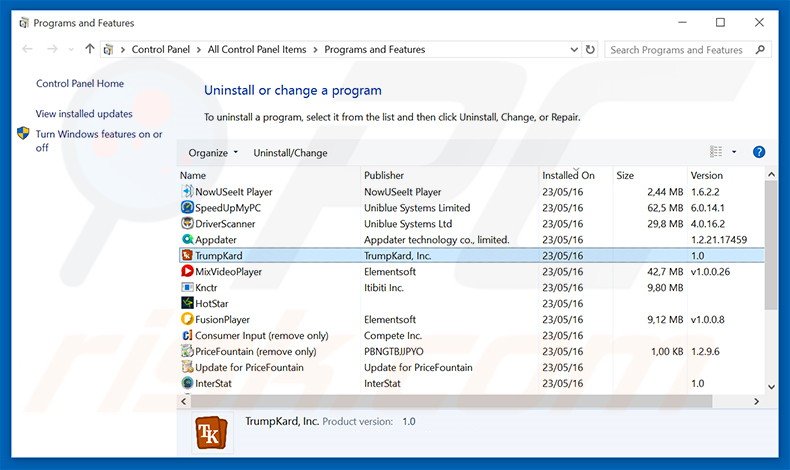 desinstalar o adware TrumpKard via Painel de Controlo