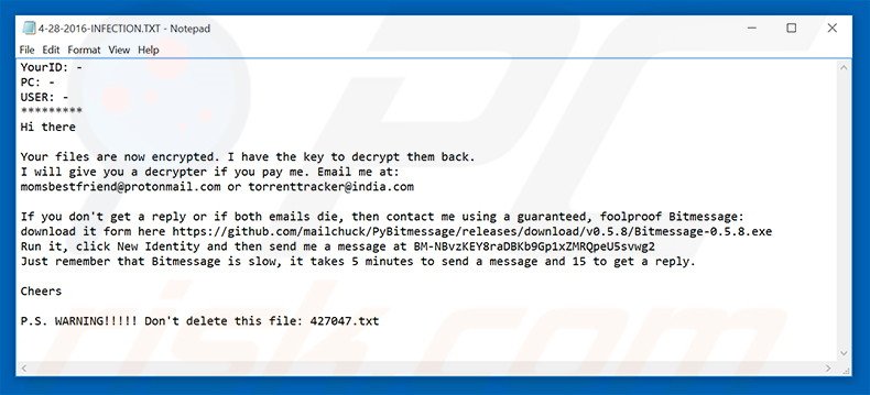 Ficheiro de texto ransomware Yakes