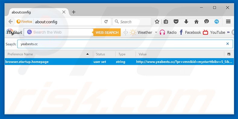 Removendo a página inicial yeabests.cc e motor de busca padrão do Mozilla Firefox