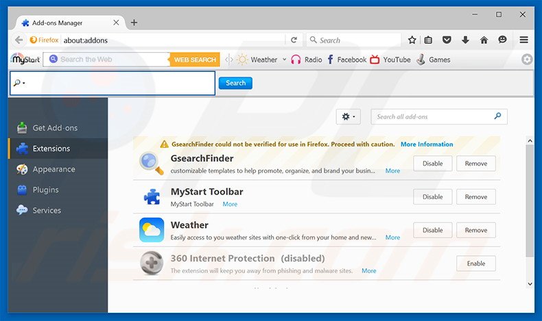 Removendo as extensões fraudulentas de navegador do Mozilla Firefox (exemplo 2)