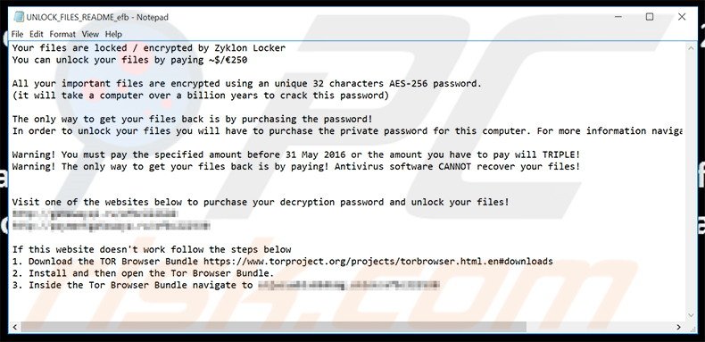 Ficheiro de texto ransomware Zyklon