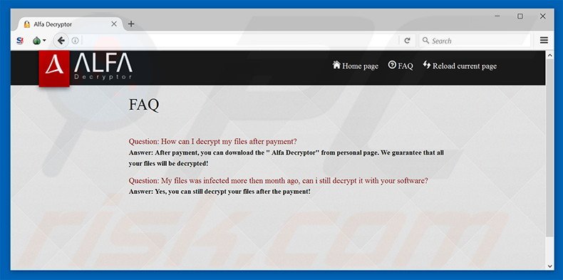 FAQ do Website do ransomware Alpha