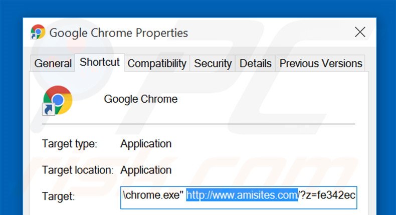 Removendo amisites.com do atalho do Google Chrome passo 2