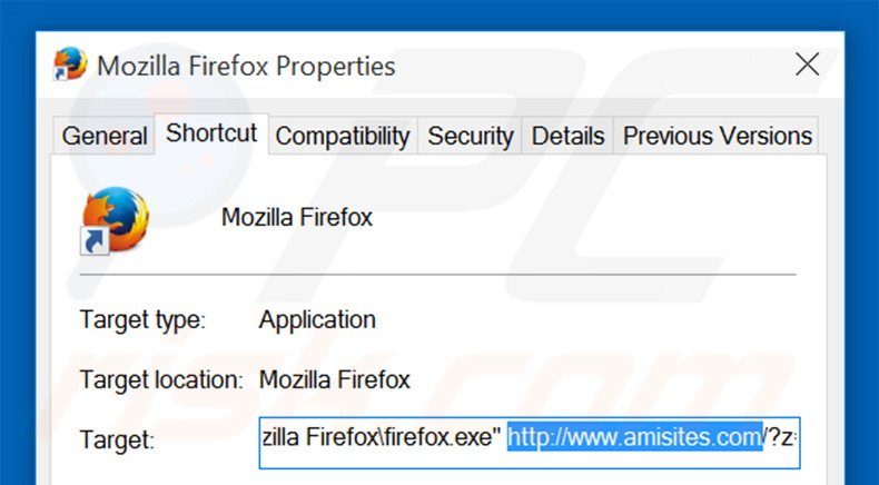 Removendo amisites.com do atalho do Mozilla Firefox passo 2