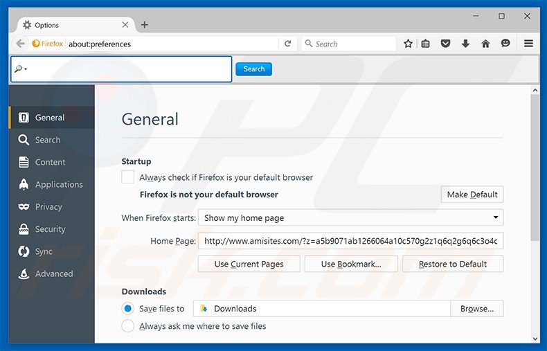 Removendo a página inicial amisites.com do Mozilla Firefox