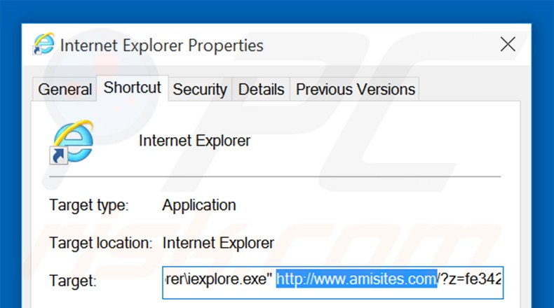 Removendo amisites.com do atalho do Internet Explorer passo 2