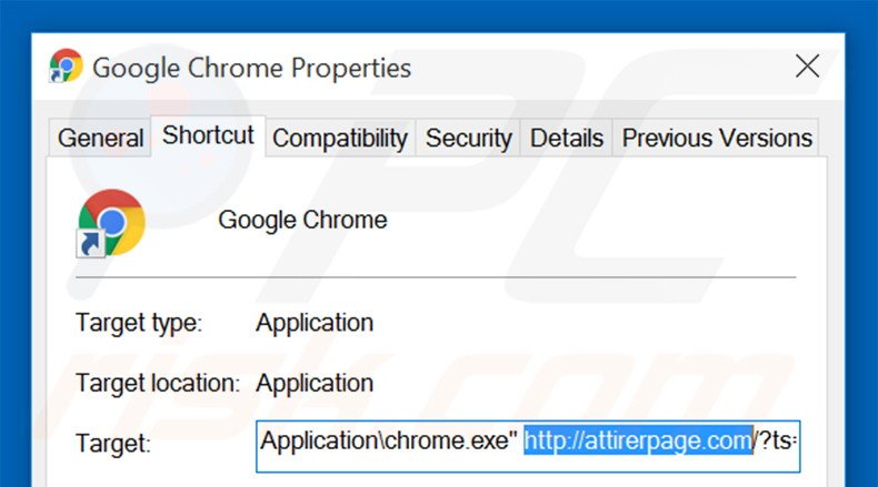 Removendo attirerpage.com do atalho do Google Chrome passo 2