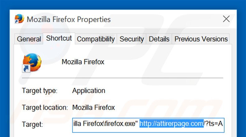 Removendo attirerpage.com do atalho do Mozilla Firefox passo 2