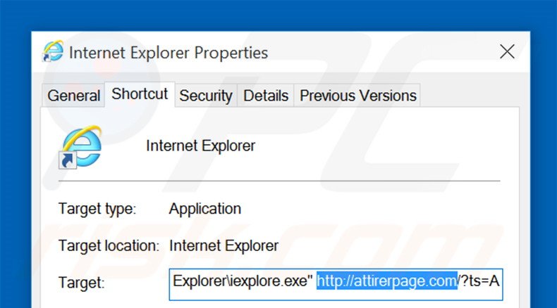 Removendo attirerpage.com do atalho do Internet Explorer passo 2