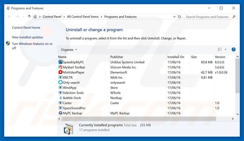 desinstalar o adware Counterflix via Painel de Controlo