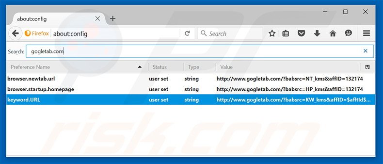 Removendo a página inicial gogletab.com e motor de busca padrão do Mozilla Firefox