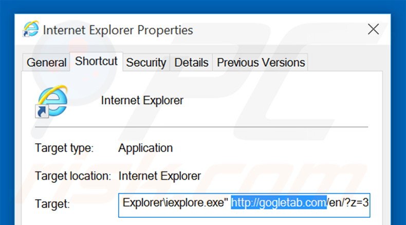 Removendo gogletab.com do atalho do Internet Explorer passo 1