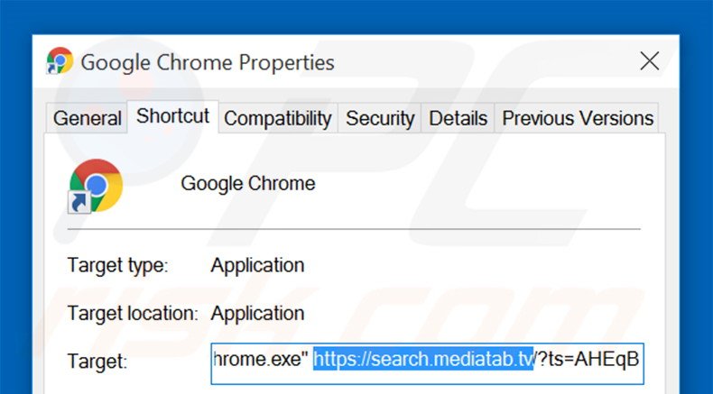 Removendo search.mediatab.tv do atalho do Google Chrome passo 2