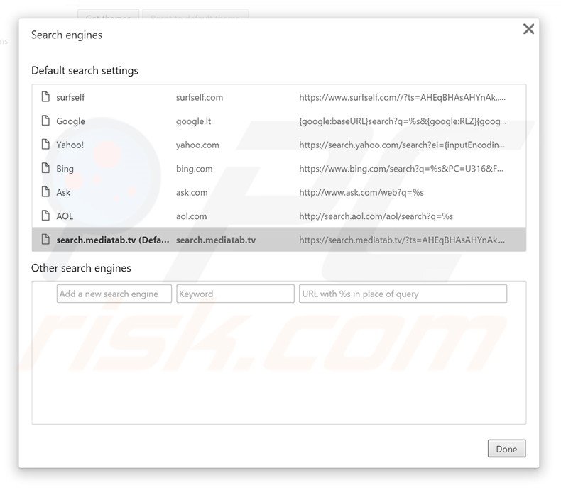 Removendo search.mediatab.tv do motor de pesquisa padrão do Google Chrome