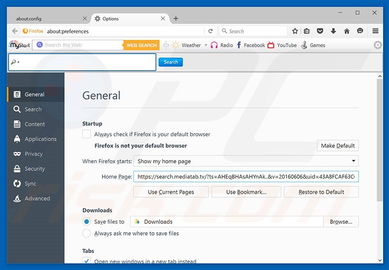 Removendo a página inicial search.mediatab.tv do Mozilla Firefox