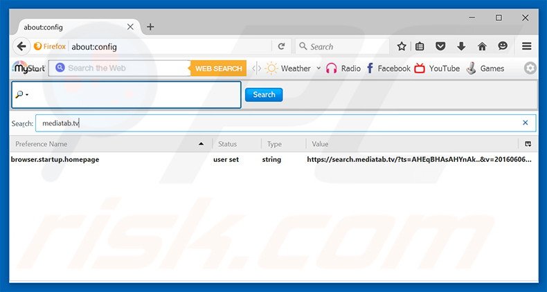 Removendo a página inicial search.mediatab.tve motor de pesquisa padrão do Mozilla Firefox