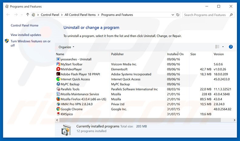 desinstalar o sequestrador de navegador search.mediatab.tv via Painel de Controlo