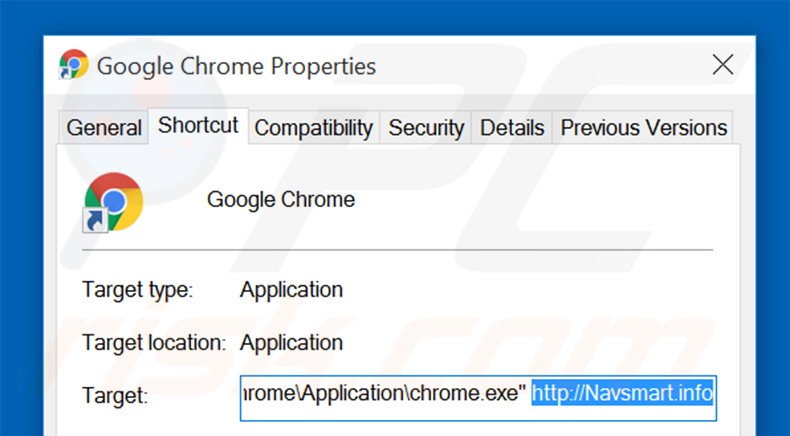 Removendo navsmart.info do atalho do Google Chrome passo 2