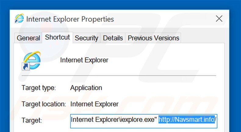 Removendo navsmart.info do atalho do Internet Explorer passo 2
